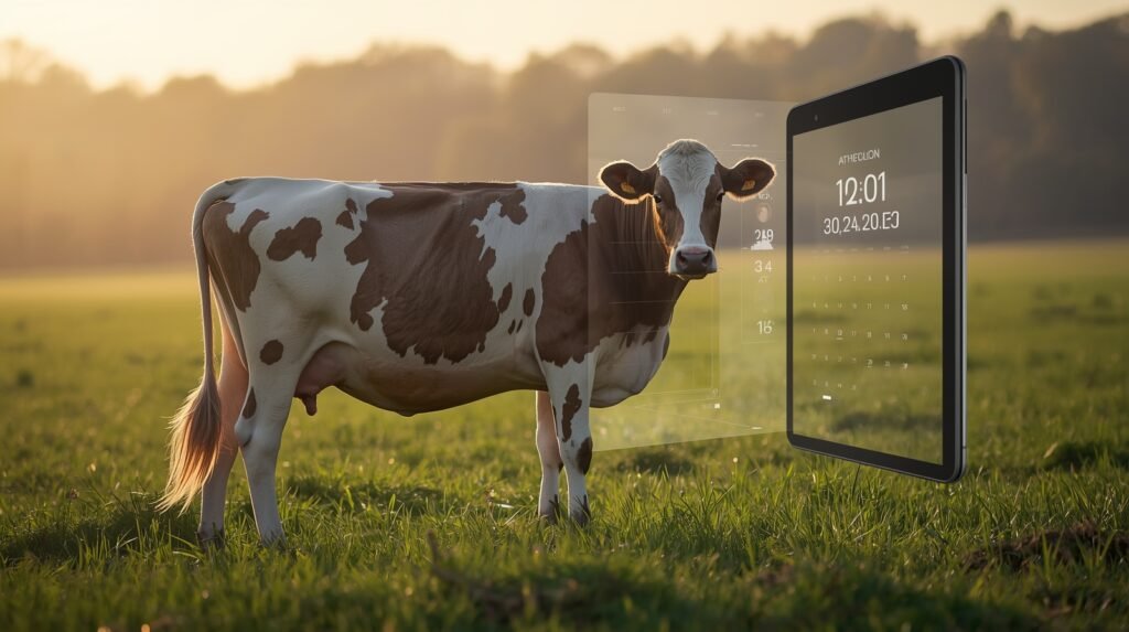 Realistic pregnant cow in pasture with digital gestation chart using the Cow Gestation Calculator tool.