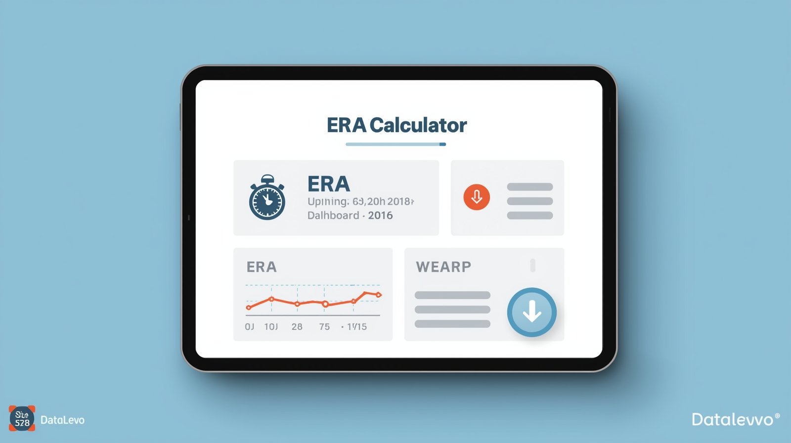 Era calculator graphic showing stopwatch, baseball mound, and pitching stats chart for earned run average analysis