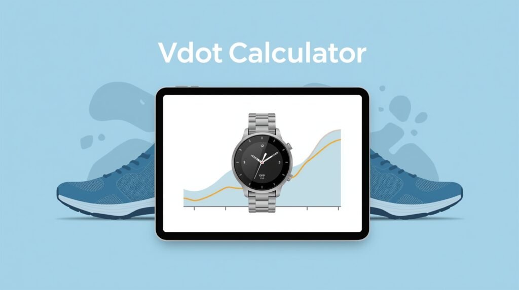 Vdot calculator graphic showing running pace chart, stopwatch, and training zones for smarter race planning today