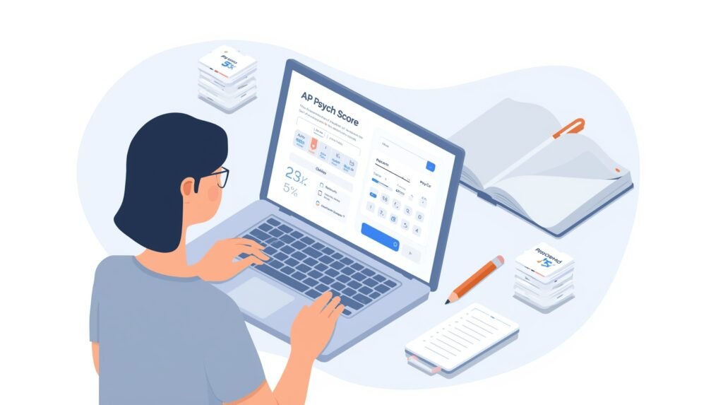 AP Psych Score Calculator featured image showing a clean laptop UI with score estimate, study notebook, and shareable results.