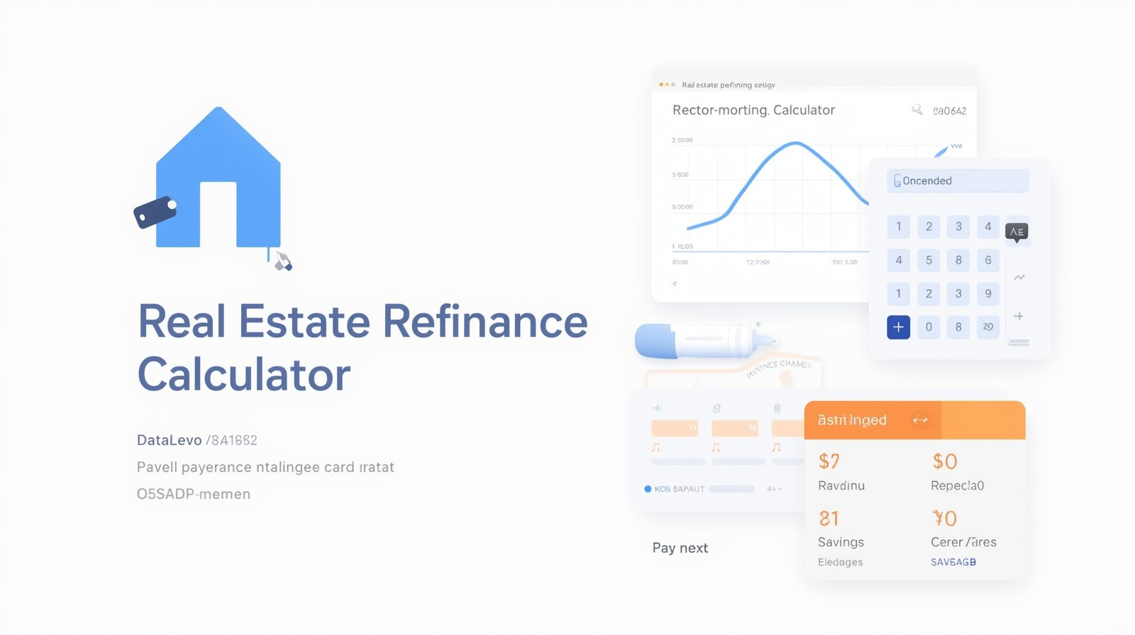 Real estate refinance calculator visual showing mortgage chart, savings highlight, calculator ui, export csv option tool