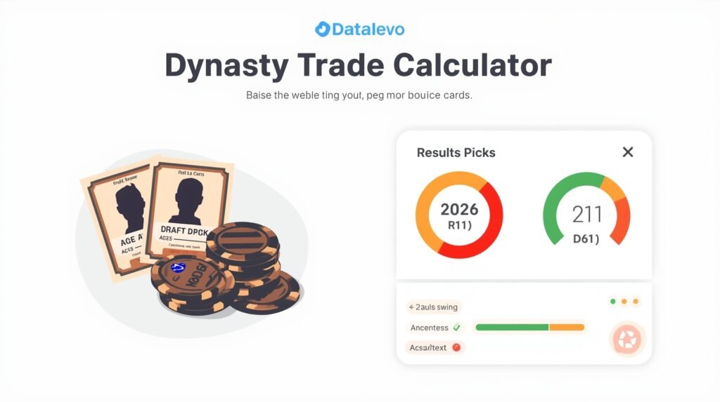 Dynasty trade calculator graphic showing player cards, draft picks, value swing chart and shareable trade summary.