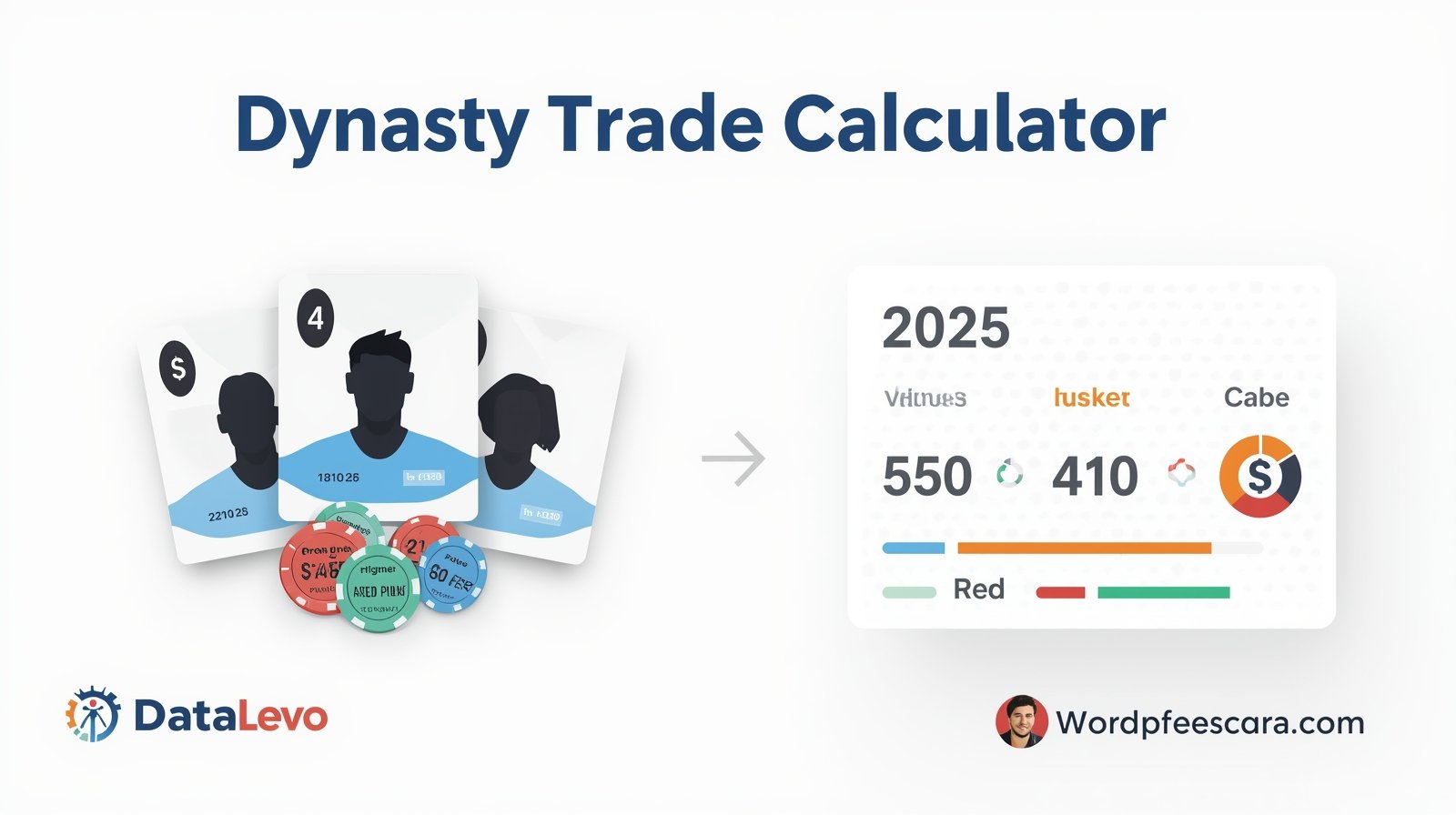 Dynasty trade calculator graphic showing player cards, draft picks, value swing chart and shareable trade summary.
